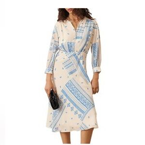 Ba&Sh Ines Printed Midi Dress in Cream and Blue Viscose